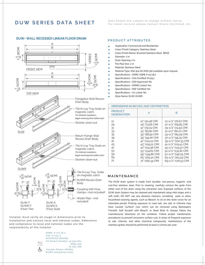 Wall Recessed Linear Drain, 31 Inch Tile-in Shower Wall Drain Flangeless Design