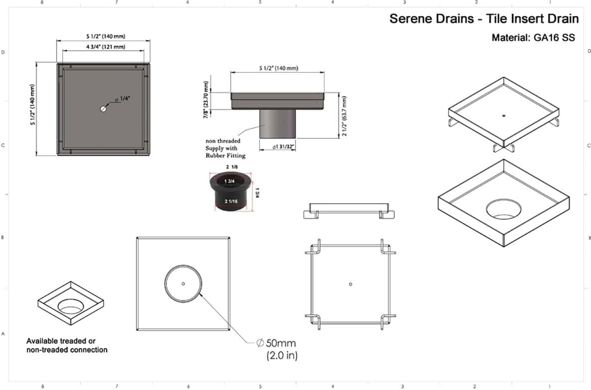 Tile Insert Square Shower Drain 5 Inch Brushed Stainless Steel, SereneDrains