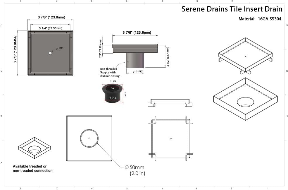 Tile Insert Square Shower Drain 4 Inch Brushed Stainless Steel, SereneDrains