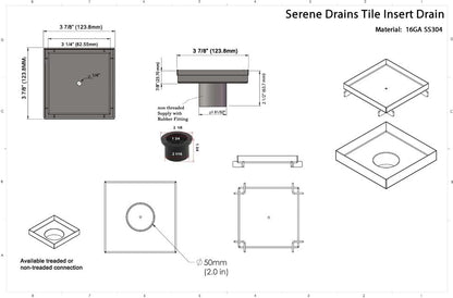 Tile Insert Square Shower Drain 4 Inch Brushed Stainless Steel, SereneDrains