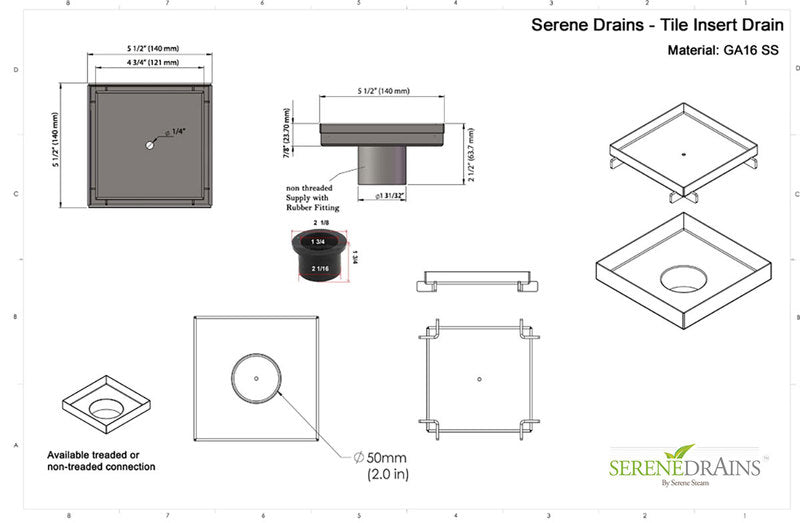 Tile Insert Square Shower Drain 5 Inch Threaded Outlet, SereneDrains