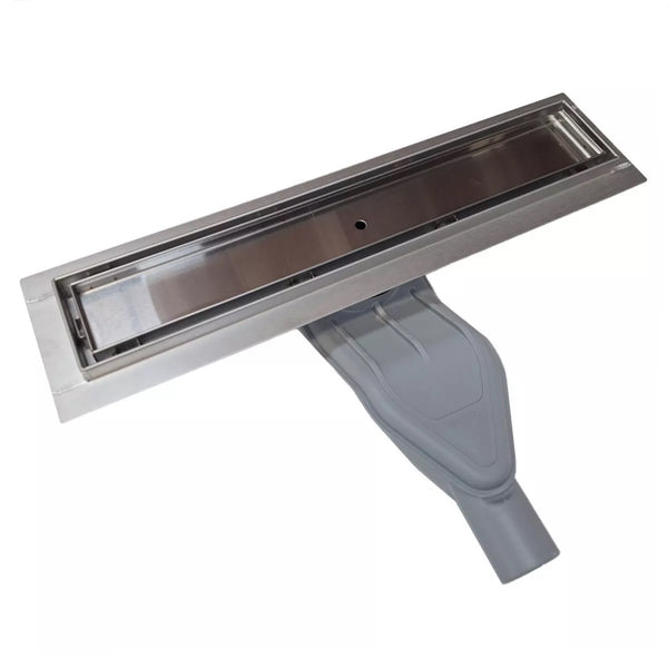 Brushed Nickel Tile Insert Linear Drains with Horizontal Side Outlet Discharge