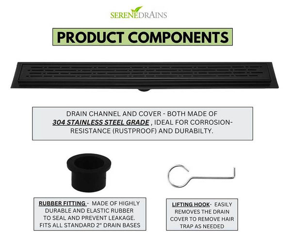 SereneDrains Matte Black Linear Drains with Horizontal Side Outlet Discharge