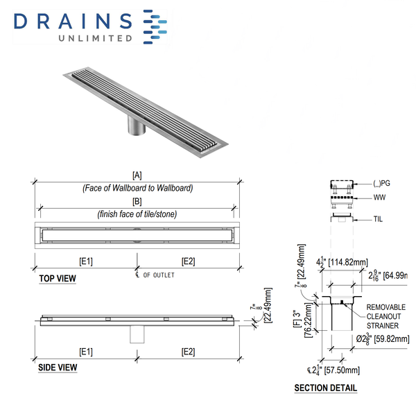 53 Inch Linear Drain Square Design Brushed Stainless Steel, Drains Unlimited