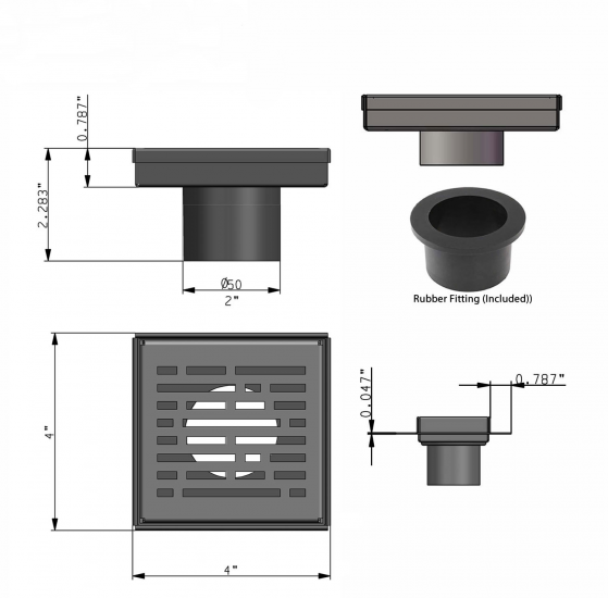 4 Inch Square Shower Drains, Matte Black Broken Lane Design, SereneDrains