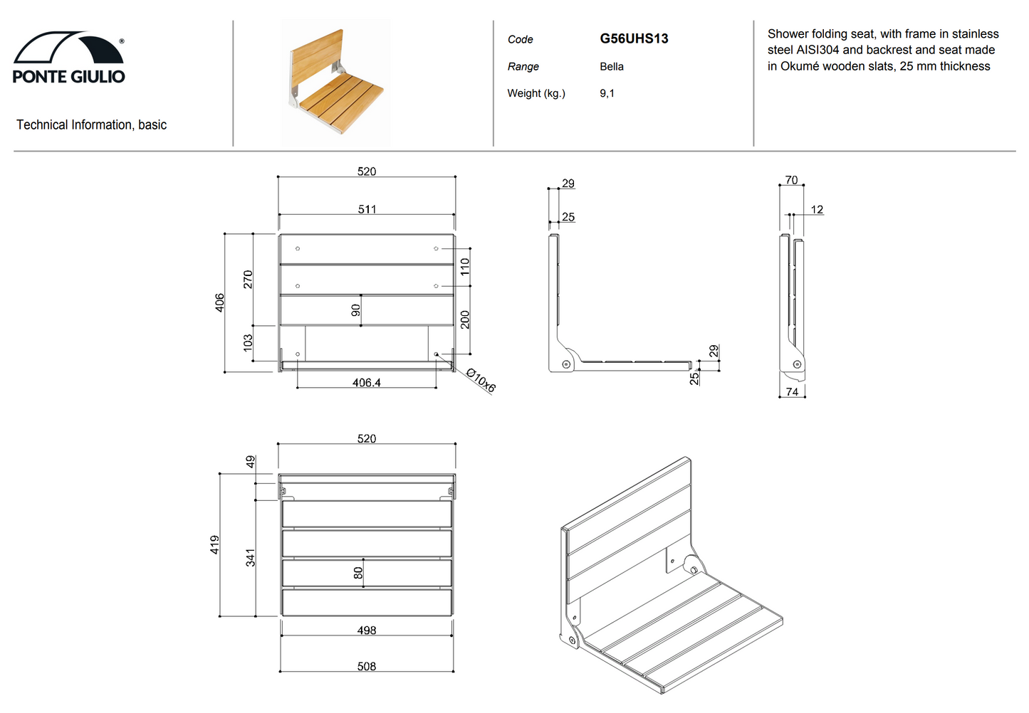 Shower Seat, Folding Shower Seat with Backrest, Ponte Giulio G56UHS13