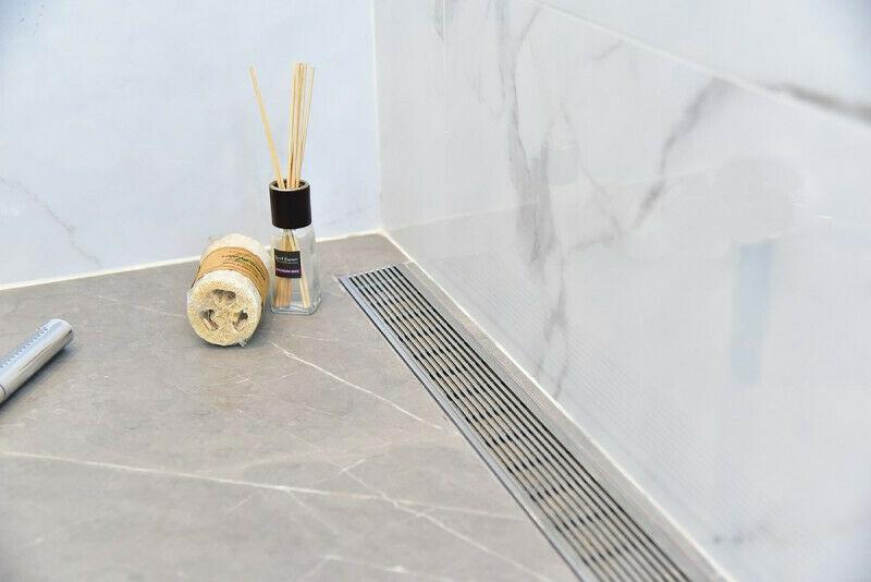 SereneDrains 30 Inch Linear Shower Drain, 2 Inch ABS Shower Drain Base, Hair trap (6 Designs)