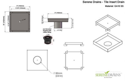 Tile Insert Square Shower Drain 6 Inch Brushed Stainless Steel, SereneDrains