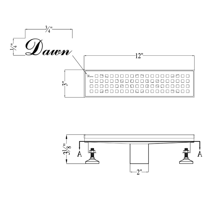 12 Inch Linear Drain with Adjustable Leveling Feet, Dawn USA Brisbane River Series