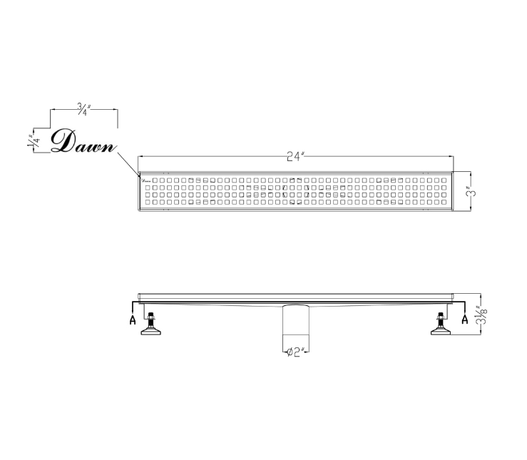 24 Inch Linear Drain with Adjustable Feet, Luxury Polished Finish Drain, Dawn USA LBE240304