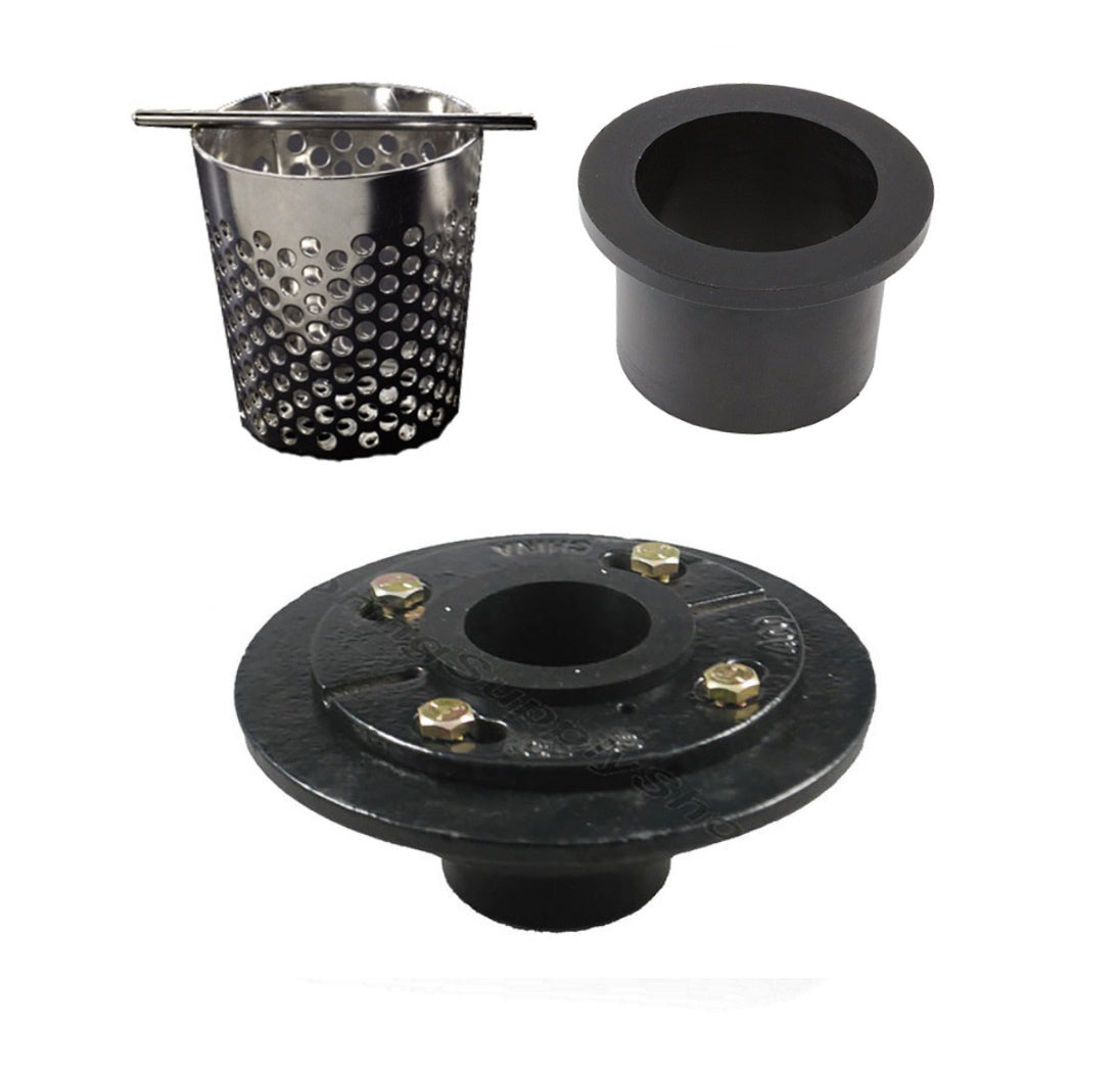 4 Inch Brushed Square Shower Drain Kit with Hair Trap and Base Flange – Traditional Square Design