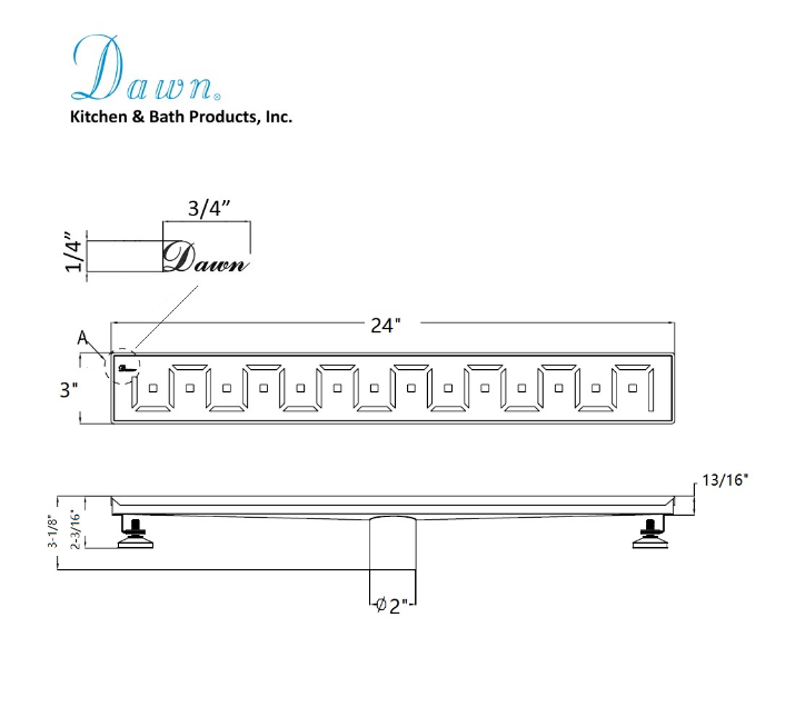 24 Inch Linear Drain with Adjustable Feet, Luxury Polished Finish Drain, Dawn USA LCI240304