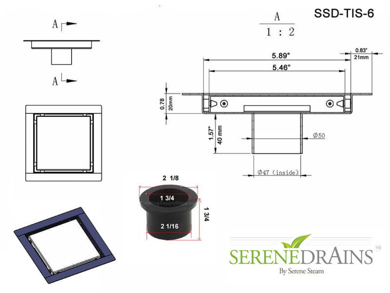 Invisible Drains, SereneDrains 6 inch Square Shower Drain Invisible Design