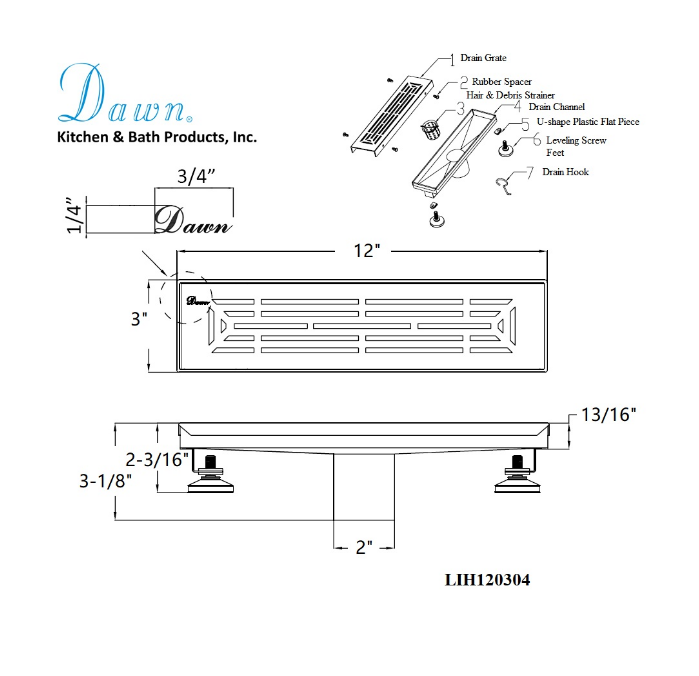 12 Inch Linear Drain with Adjustable Leveling Feet, Dawn USA Irtysh River Series