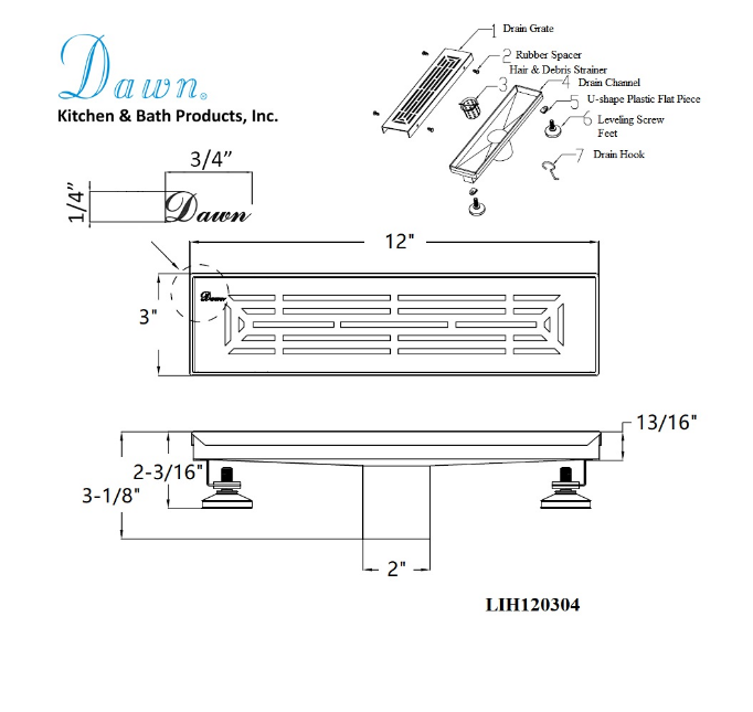 12 Inch Linear Drain with Adjustable Leveling Feet, Dawn USA Irtysh River Series