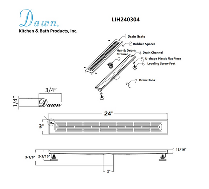 12 Inch Linear Drain with Adjustable Leveling Feet, Dawn USA Irtysh River Series