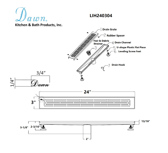 Dawn® 32 Inch Linear Shower Drain, Irtysh River Series, Polished Satin Finish