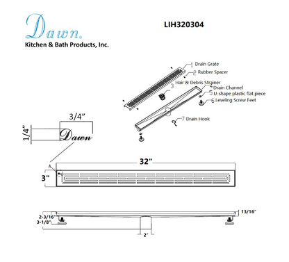 12 Inch Linear Drain with Adjustable Leveling Feet, Dawn USA Irtysh River Series