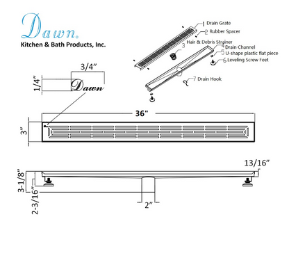 12 Inch Linear Drain with Adjustable Leveling Feet, Dawn USA Irtysh River Series