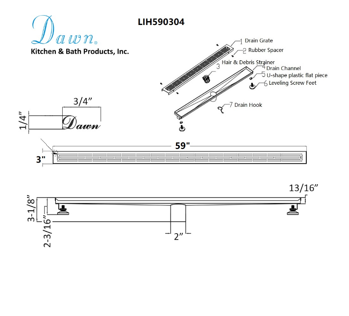 12 Inch Linear Drain with Adjustable Leveling Feet, Dawn USA Irtysh River Series