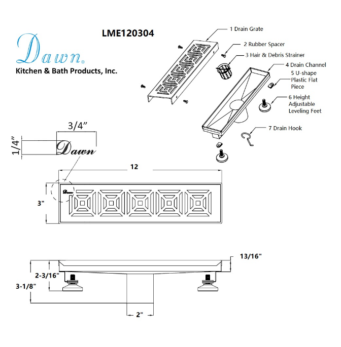 12 Inch Linear Drain with Leveling Feet, Dawn USA Mamore River In Brazil Series