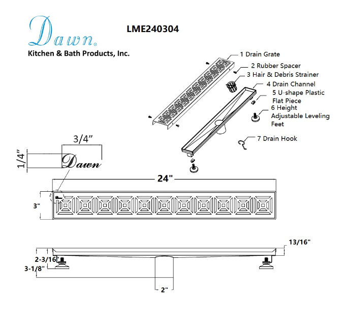 12 Inch Linear Drain with Leveling Feet, Dawn USA Mamore River In Brazil Series