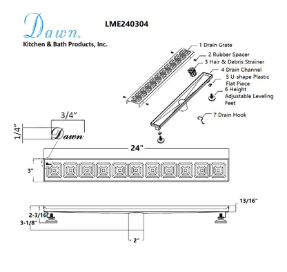 12 Inch Linear Drain with Leveling Feet, Dawn USA Mamore River In Brazil Series