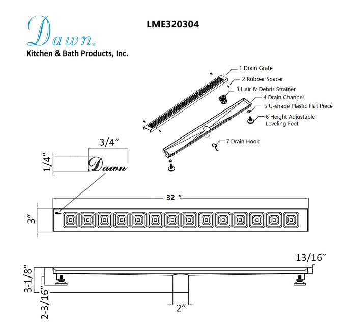 12 Inch Linear Drain with Leveling Feet, Dawn USA Mamore River In Brazil Series