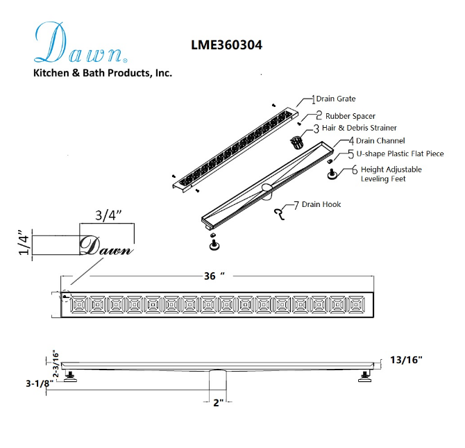 12 Inch Linear Drain with Leveling Feet, Dawn USA Mamore River In Brazil Series