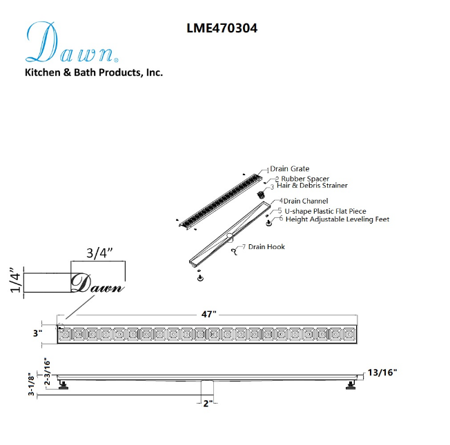 12 Inch Linear Drain with Leveling Feet, Dawn USA Mamore River In Brazil Series