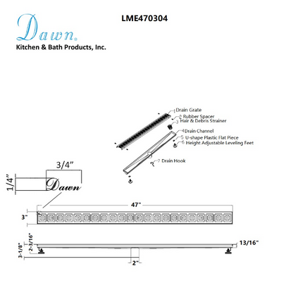 12 Inch Linear Drain with Leveling Feet, Dawn USA Mamore River In Brazil Series