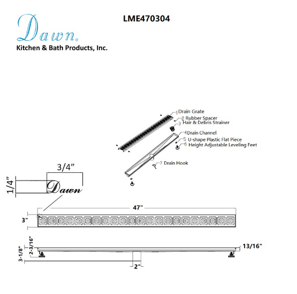 24 Inch Linear Drain with Adjustable Feet, Luxury Polished Finish Drain, Dawn USA LME240304