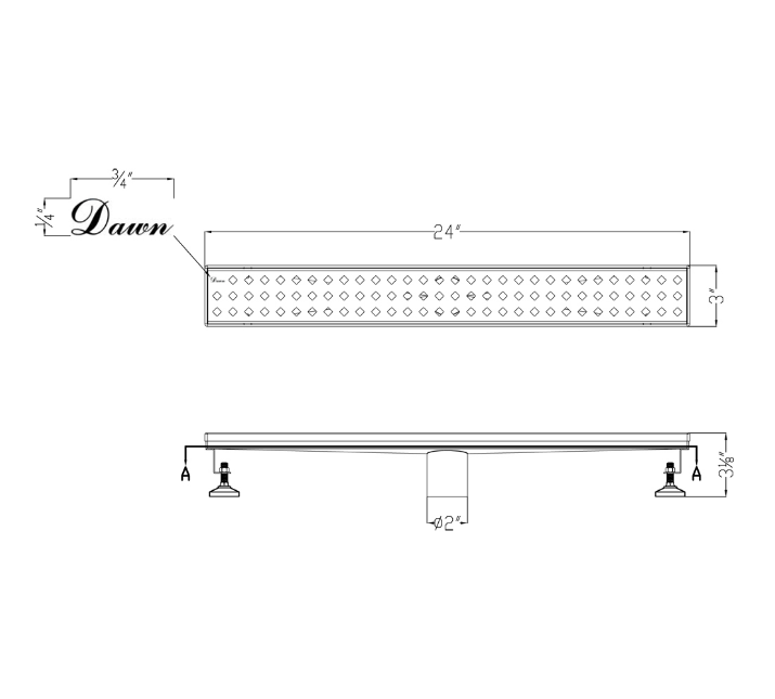 12 Inch Linear Drain with Leveling Feet, Dawn USA Mississippi River Series