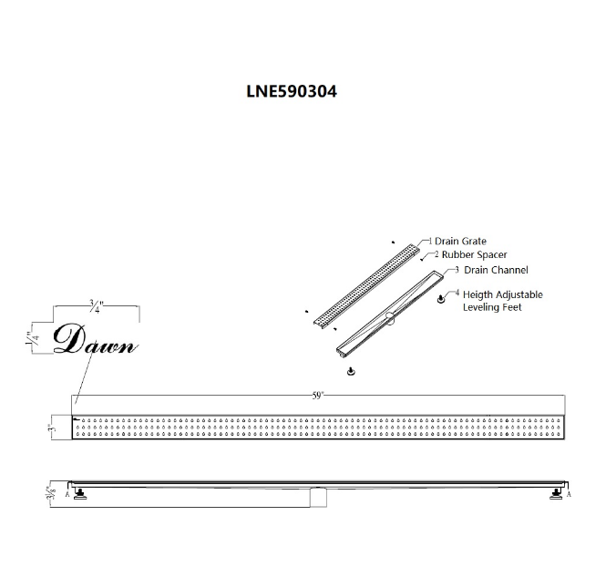 12 Inch Linear Drain with Adjustable Leveling Feet, Dawn USA Nile River Series