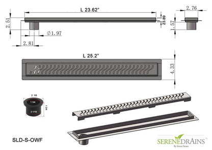 SereneDrains Side Outlet 24 Inch Linear Shower Drain with ABS Drain Base Flange & Hair Trap, Complete Shower Drain Installation Kit