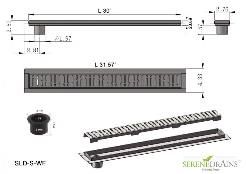 30 Inch Side Outlet Linear Shower Drain by SereneDrains