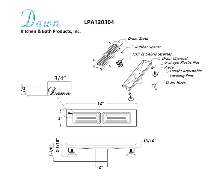 12 Inch Linear Drain with Leveling Feet, Dawn USA Parana River In Argentina Series