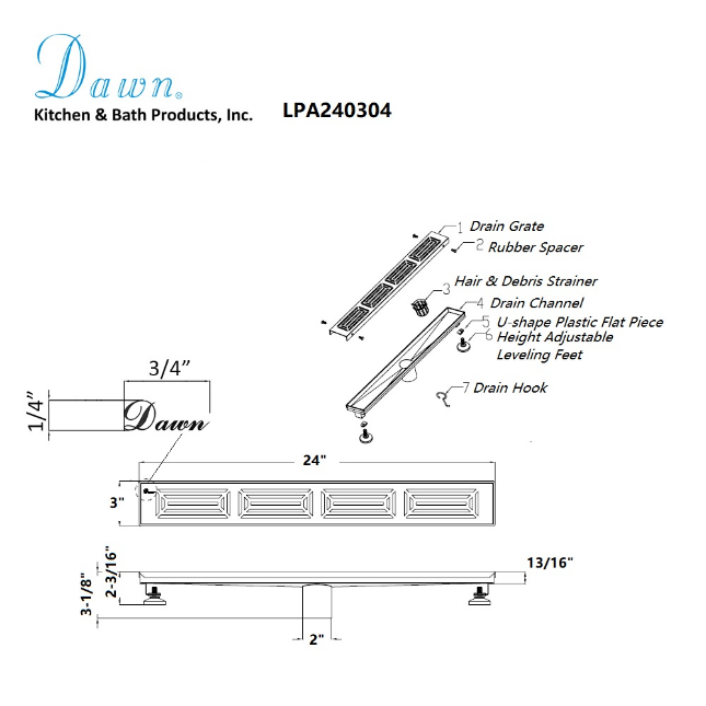 Dawn® 36 Inch Linear Shower Drain, Parana River In Argentina Series, Polished Satin Finish