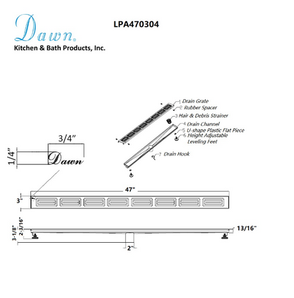 Dawn® 59 Inch Linear Shower Drain, Parana River In Argentina Series, Polished Satin Finish