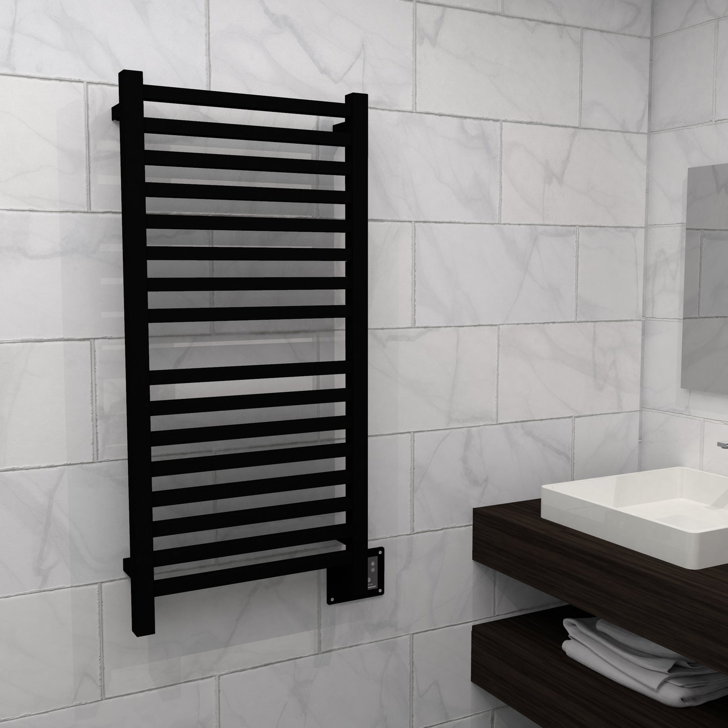 Matte Black Towel Warmer, Amba Quadro Model Q2042, 16 Bars Towel Warmer