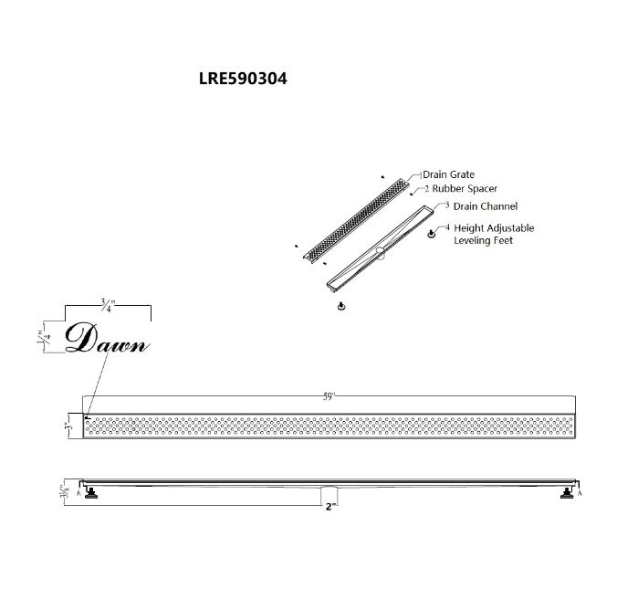 12 Inch Linear Drain with Adjustable Leveling Feet, Dawn USA Rhone River Series