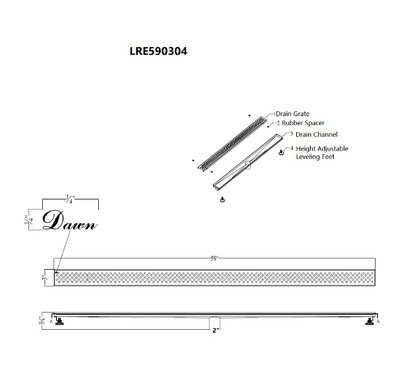 12 Inch Linear Drain with Adjustable Leveling Feet, Dawn USA Rhone River Series