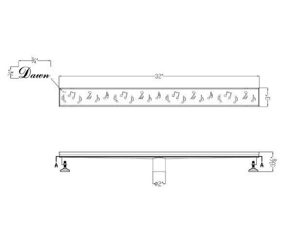 Dawn® 36 Inch Linear Shower Drain, Seine River Series, Polished Satin Finish