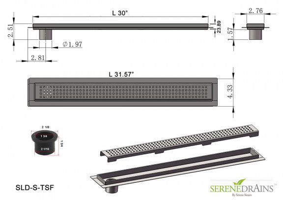 30 Inch Side Outlet Linear Shower Drain by SereneDrains