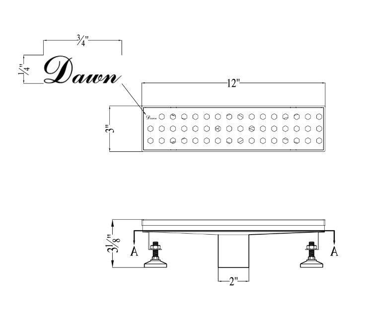 12 Inch Linear Drain with Adjustable Leveling Feet, Dawn USA Thames River Series