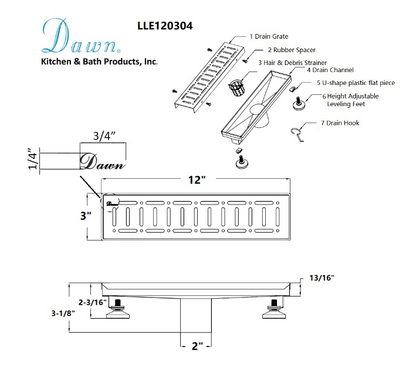 24 Inch Linear Drain with Adjustable Feet, Luxury Polished Finish Drain, Dawn USA LLE240304