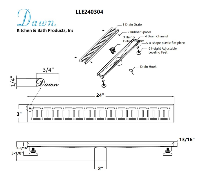 12 Inch Linear Drain with Leveling Feet, Dawn USA The Loire River In France Series