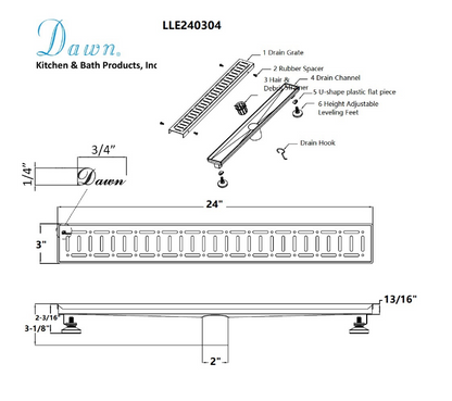 Dawn® 59 Inch Linear Shower Drain, The Loire River In France Series, Polished Satin Finish