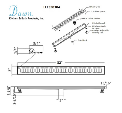 Dawn® 36 Inch Linear Shower Drain, The Loire River In France Series, Polished Satin Finish