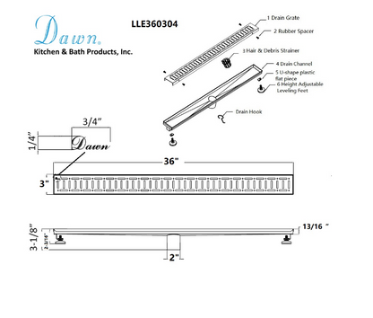 Dawn® 59 Inch Linear Shower Drain, The Loire River In France Series, Polished Satin Finish